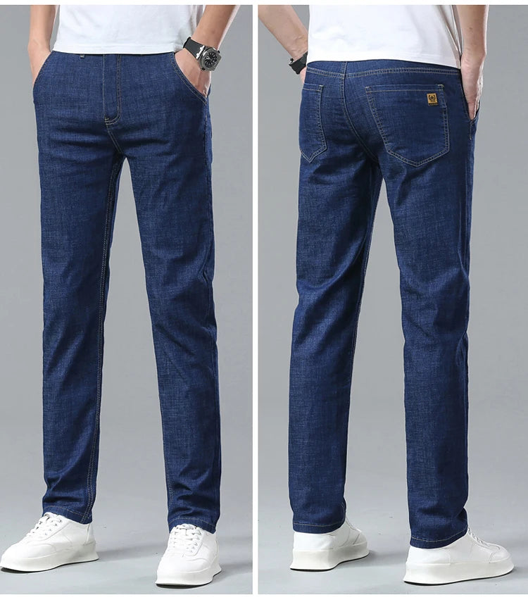 Men's Ice Silk Jeans Summer New Lyocell Thin Business Casual Denim Pants Classic All Match Slim Fit Straight Elastic Jean Male.