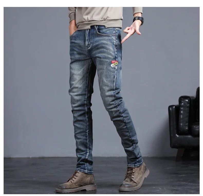 New Men's Vintage Jeans Korean Fashion Slim Little Feet Embroidered Trousers Stretch Male Streetwear Denim Pants.