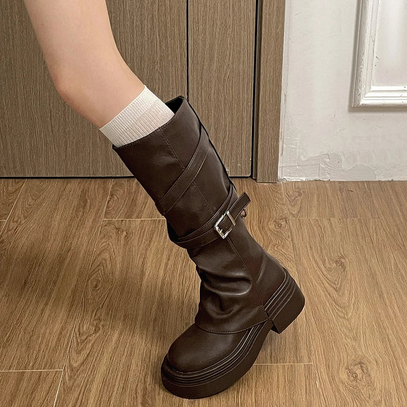 Vintage Thick Heel Women Knight Long Boots Fashion Slip On Knee High Booties Autumn Winter Shoes Zapatos De Mujer.