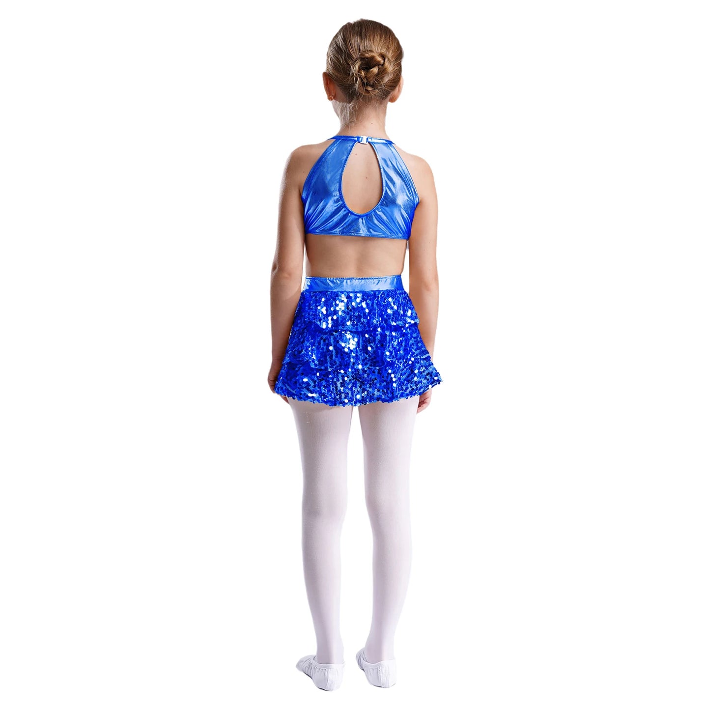 Kinder Mädchen Pailletten Jazz Ballett Tanzkleid Ärmellos Ausschnitt Tiered Rüschen Trikot Salsa Samba Rumba Skating Performance Kostüm