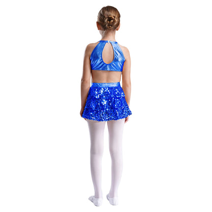 Kinder Mädchen Pailletten Jazz Ballett Tanzkleid Ärmellos Ausschnitt Tiered Rüschen Trikot Salsa Samba Rumba Skating Performance Kostüm