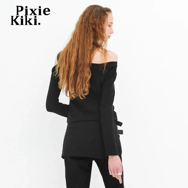 PixieKiki Twisted Hollow Out Off Shoulder Long Sleeve Tops 2000s Clothes Y2k Asymmetrical T Shirts for Woman P85-BE15.