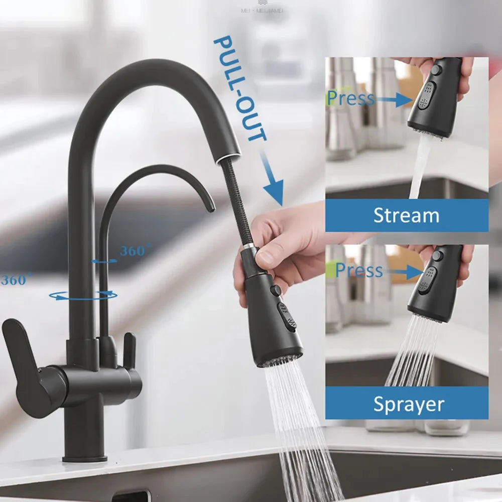 Matte Black Pure Water Filter Kitchen Faucet Dual Handle Hot and Cold Drinking Water Pull Out  Kitchen Mixer Taps