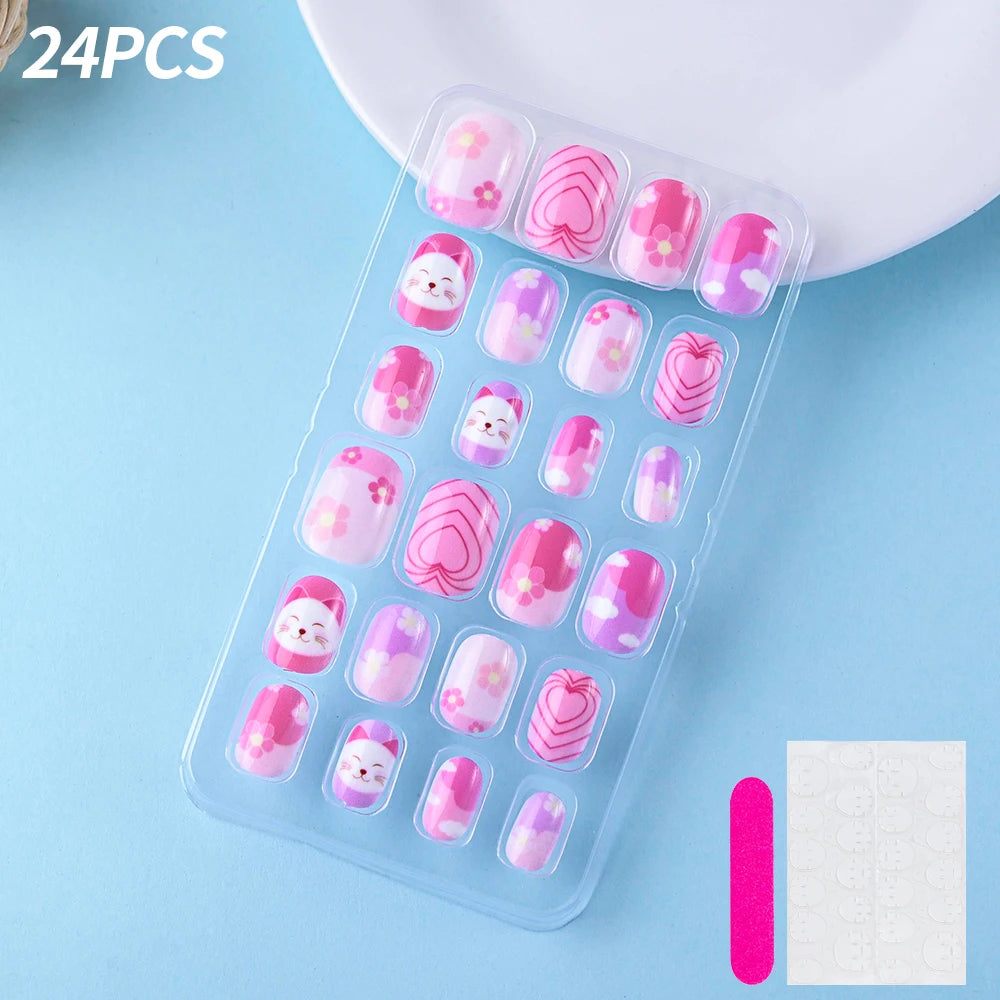 24Pcs/box Kids nails for Girl Cartoon Pattern False Nail Cute Child Fake Nails Tips Kawaii Acrylic Artificial Press on Nail+Tool.