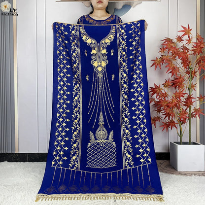 2023 New Muslim Summer Short Sleeve Robe Gold Stamping Boubou Maxi Women Femme Loose Dress With Big Scarf African Abaya Clothes.