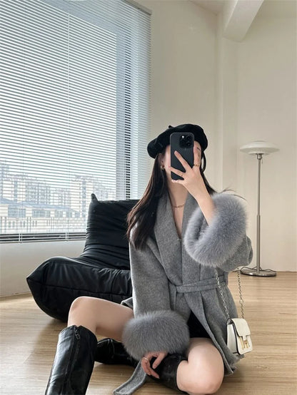 Mode Woolen Jacke mit gürtel Frauen Mantel 2025, Neue Herbst Winter Temperament Lose Strickjacke Weibliche Outwear.