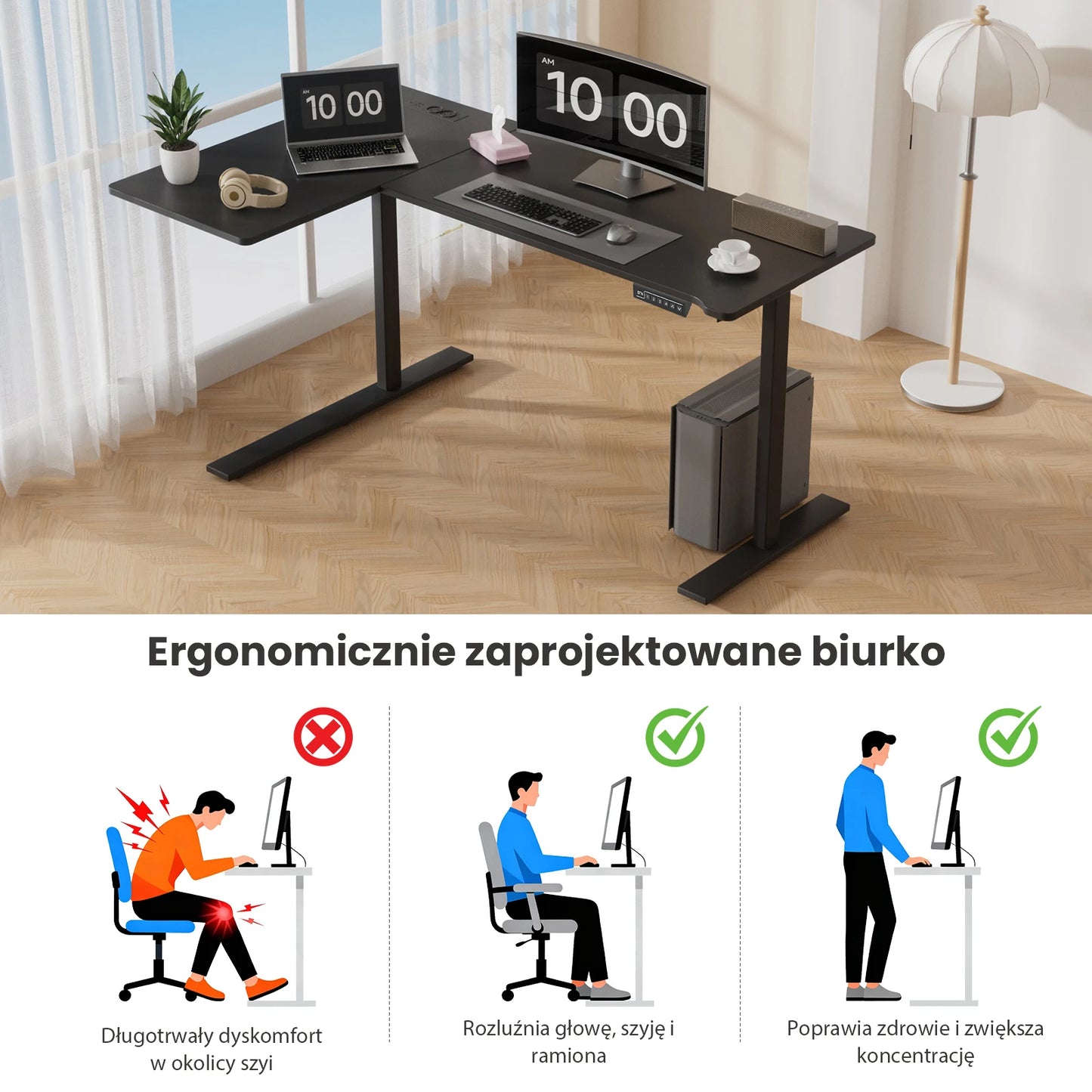 Elektrisch höhenverstellbarer L-förmiger Schreibtisch Ergonomischer Computertisch mit USB und Steckdose für Büro und Zuhause