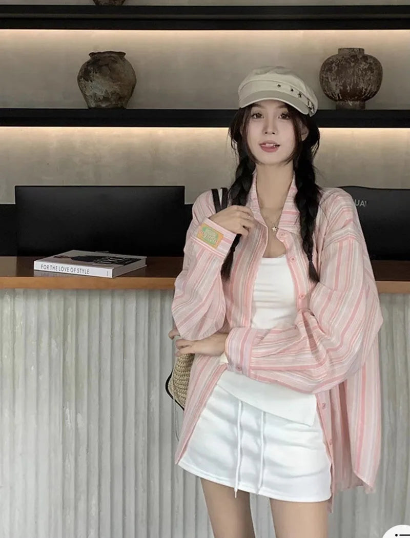 Pink Striped Shirt Women Korean Style Loose Long Sleeved Button Up Blouse Ladies Autumn New Wild Streetwear Casual Shirts 2025.