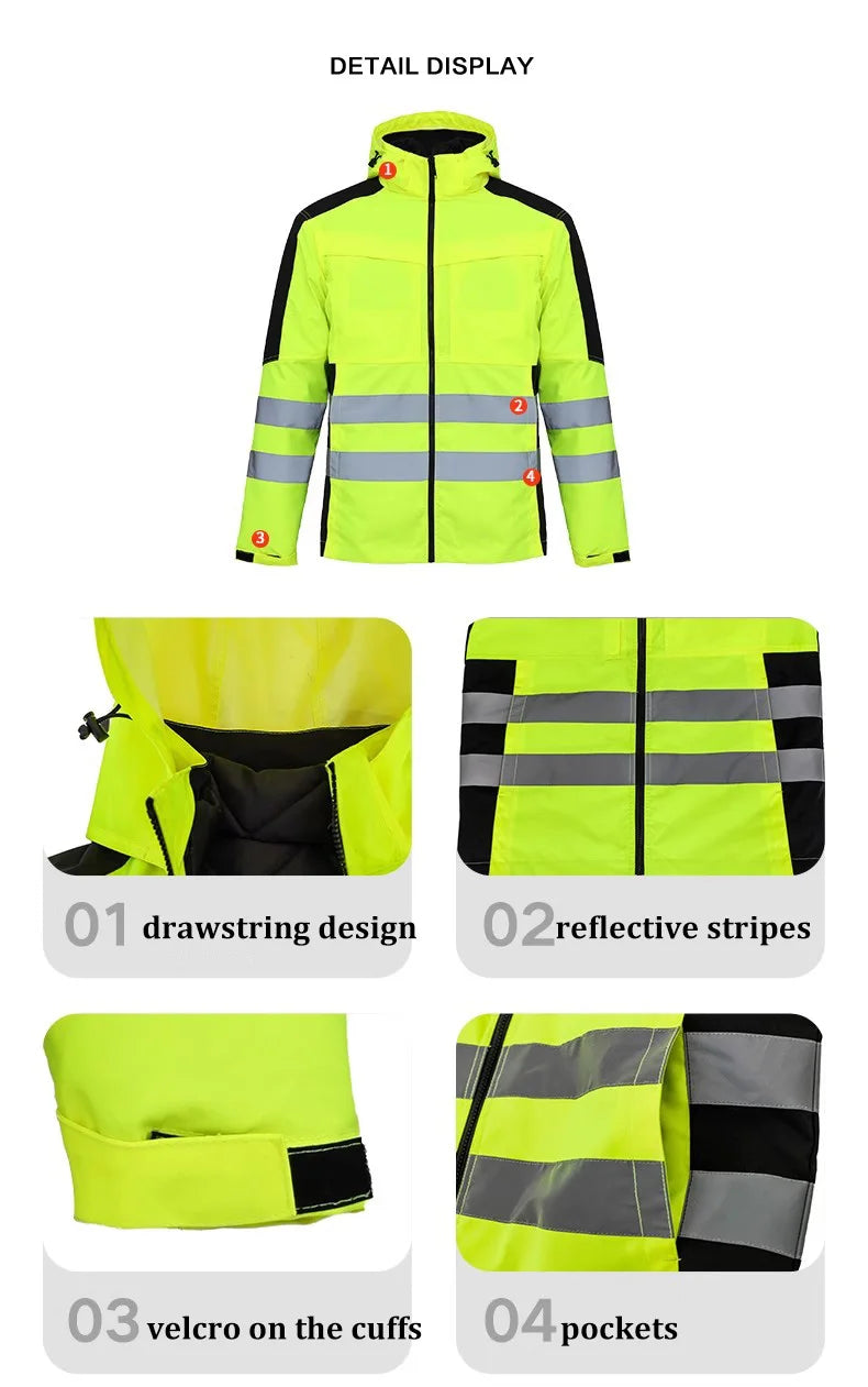 High Visibility Workwear Winter Clothes Hi Vis Suit Reflective Jacket Waterproof Winter and Pockets Reflective Work Pants Set.