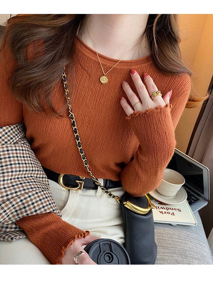 2025Oansatz Rippen Langarm Koreanische Dünne Weibliche Pullover Frauen Pullover Stricken Weiche Jumper Tops Geraffte Herbst Winter Tops