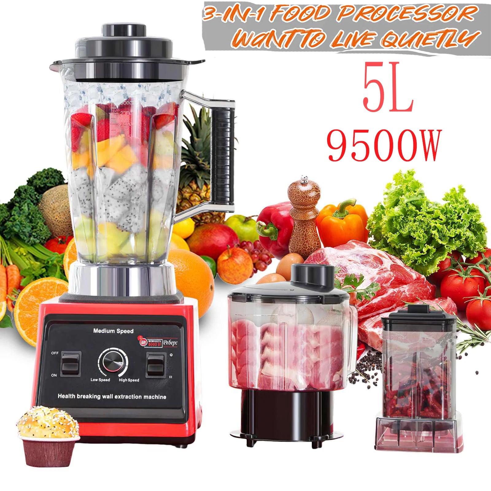 9500W 15 Speed multi-function Professional Blender 4-Blade 3-In-1 Wall Breaking Machine 5L Container Ice Nut Fruit mix Strong.