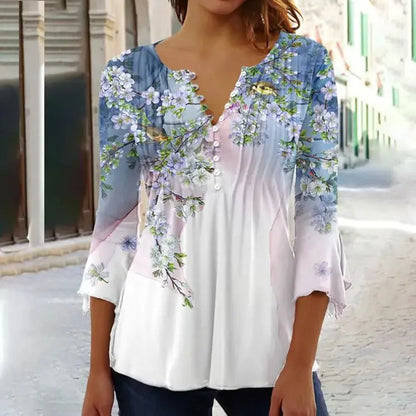 Women's Shirt Blouse Light Blue White Pink Floral Button Print 3/4 Length Sleeve Casual Holiday Basic Round Neck Regular Floral.