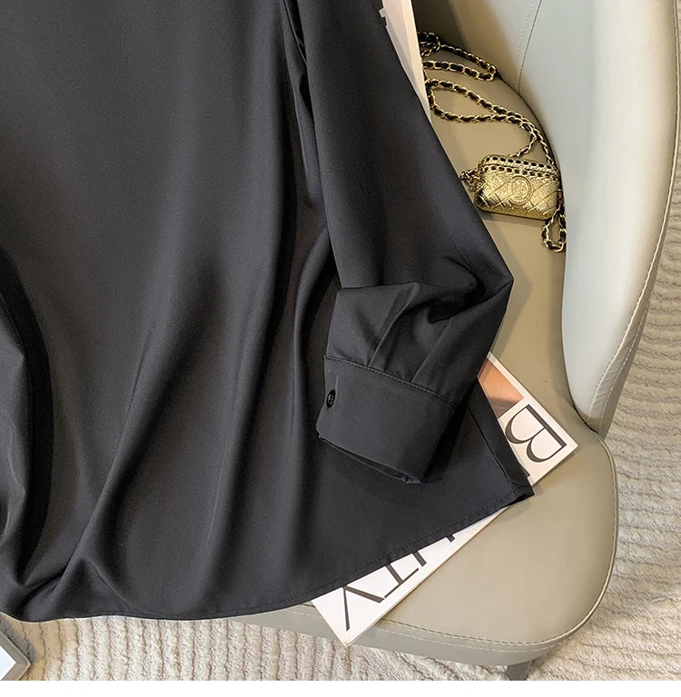 Big Size Women Shirts 2025 Spring Autumn Long Sleeve Office Lady V-Neck Solid Color Blouses Elegant and Youth Woman Tops.