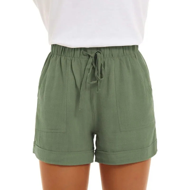 2025 Summer New Women's Shorts Loose Linen Casual Pockets Solid Color High Waist Wide Leg Pants.