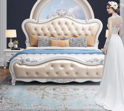 Europäisches Luxus-Doppelbett, modernes weißes King-Size-Doppelbett mit ästhetischem Rahmen, hochwertiges, schlafendes, beleuchtetes Deux-Tischmöbel für Schlafzimmer