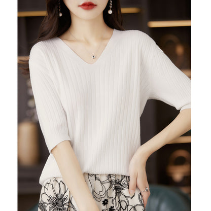 Frauen Pullover Kurzarm V-ausschnitt Streifen Strickwaren Slim Fit Hemd Koreanische Mode Pullover Dünne Stricken Tops 2025, Bodenbildung Shirts.