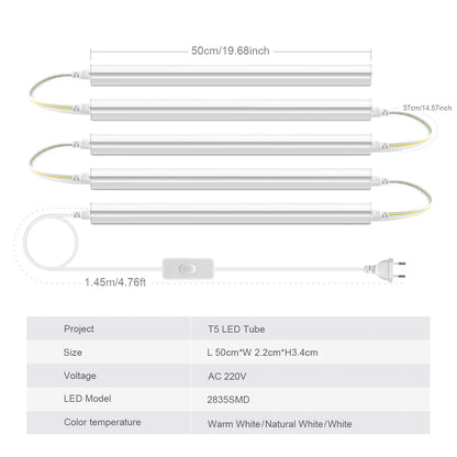 50cm T5 LED Tube Light AC85-265V, 2835 SMD Eye Protection No Flicker, Replace Fluorescent Light for Home, Office, Shop, Hotel.