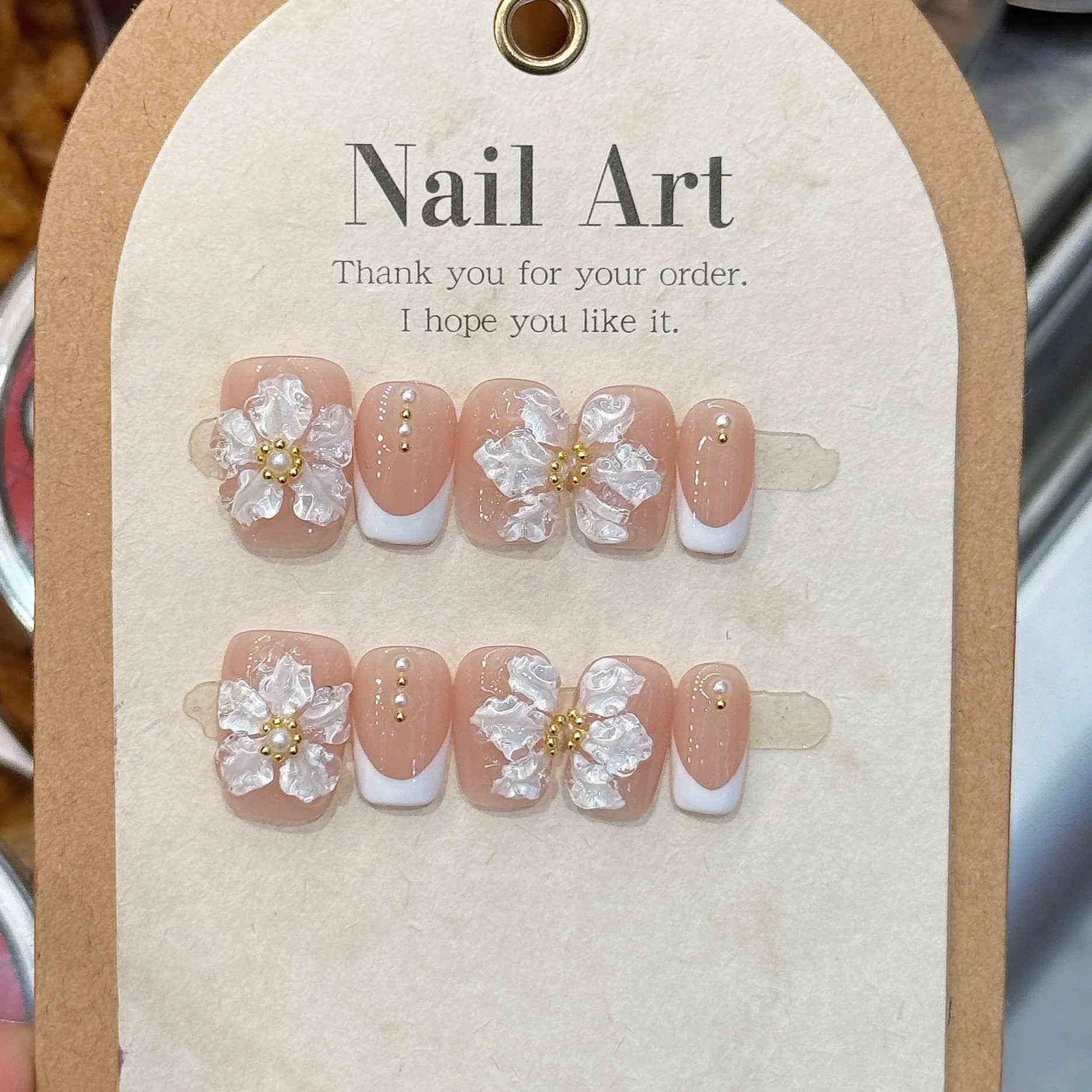 10Pcs White French Handmade Press on Nails Flower Pattern Fake Nails Wearable Stick-on Nails False Nail 네일팁 Накладные Ногти Uñas.