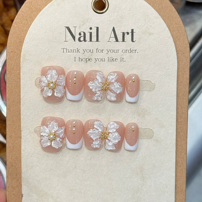 10Pcs French Handmade Press on Nails White Flower Fake Nails Wearable Stick-on Nails Full Cover False Nail Накладные Ногти 네일팁.