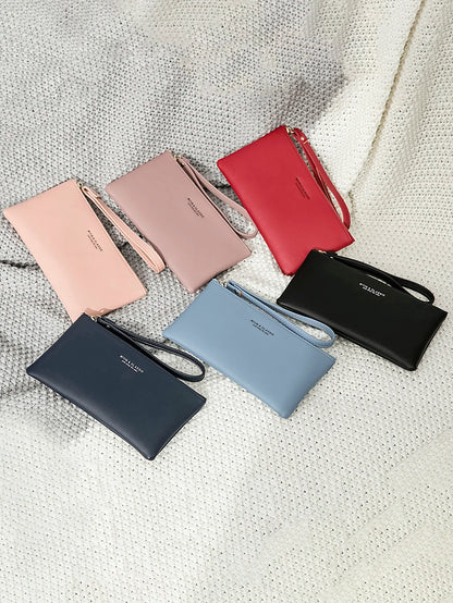 Simple Solid Color Thin Long Wallet PU Leather Large Capacity Zipper Wallet Classic Fashion Womens Handbag Can Hold Mobile Phone.