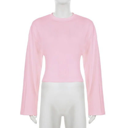 Trendix Basic Long Sleeve Crop Tops Women Summer O Neck Loose Casual Solid Pullover Top Ladies Street Party Club Fashion T Shirt