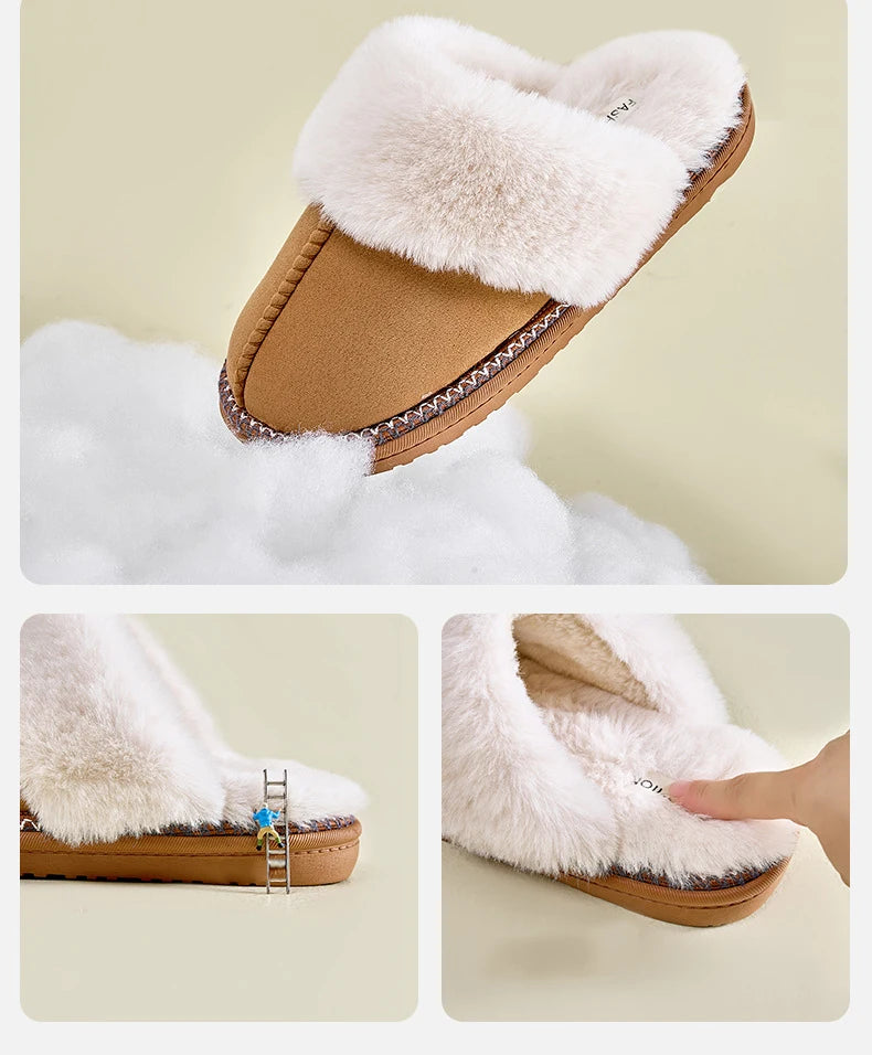 Litfun Women's Warm Fuzzy Slippers Winter New Fur Collar Indoor Plush Flat Slides Fluffy Women Cotton Shoes Furry House Slippers.