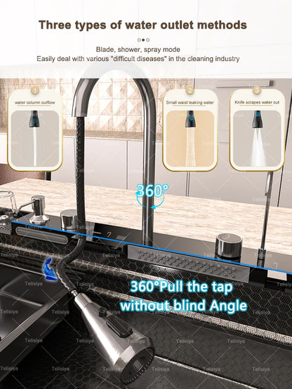 Küchenspüle aus Edelstahl mit Wasserfall, Einzelschüssel, Digitalanzeige, extra großer Schlitz, multifunktionale Waschbecken