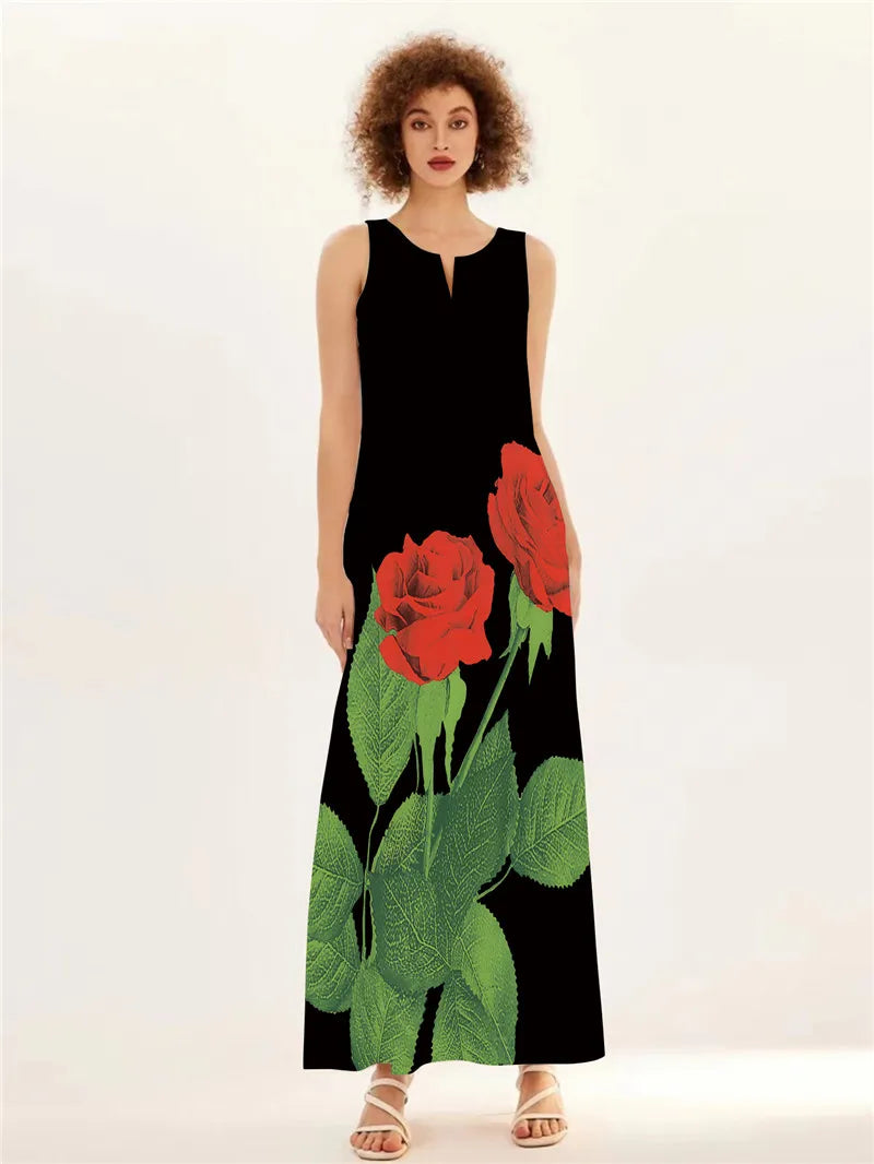 Rote Rose Druck Langes Kleid Für Frauen Sommer Casual Strand Party Robe Sexy Ärmellose V-ausschnitt Taschen Maxi Kleid Damen Kleidung.