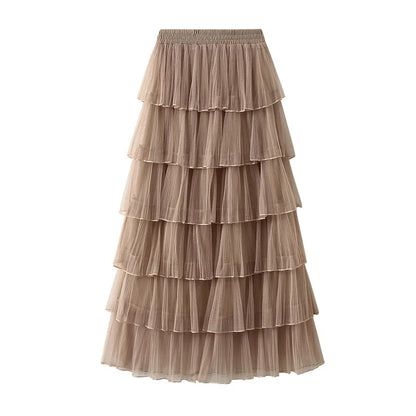 Beiyingni Woman Mesh Long Midi Cake Skirt Solid Color Elegant French Tiered Fairy Tulle Skirts Khaki Casual High Waist Faldas.