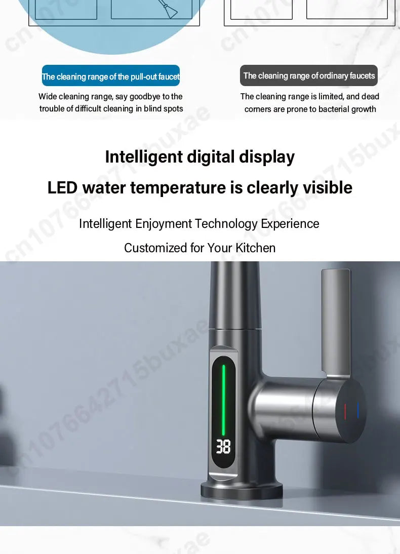 Waterfall Pull Out Kitchen Faucet White Intelligent Digital Display Cold Hot Mixer Taps Rotatable Sink Lifting Basin Faucet