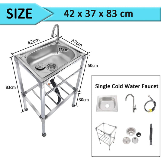 Freistehendes Küchenspülbecken aus Edelstahl mit Kaltwasserhahn – Einzelschüssel-Design, geeignet für Camping, Gärten, Wäsche.
