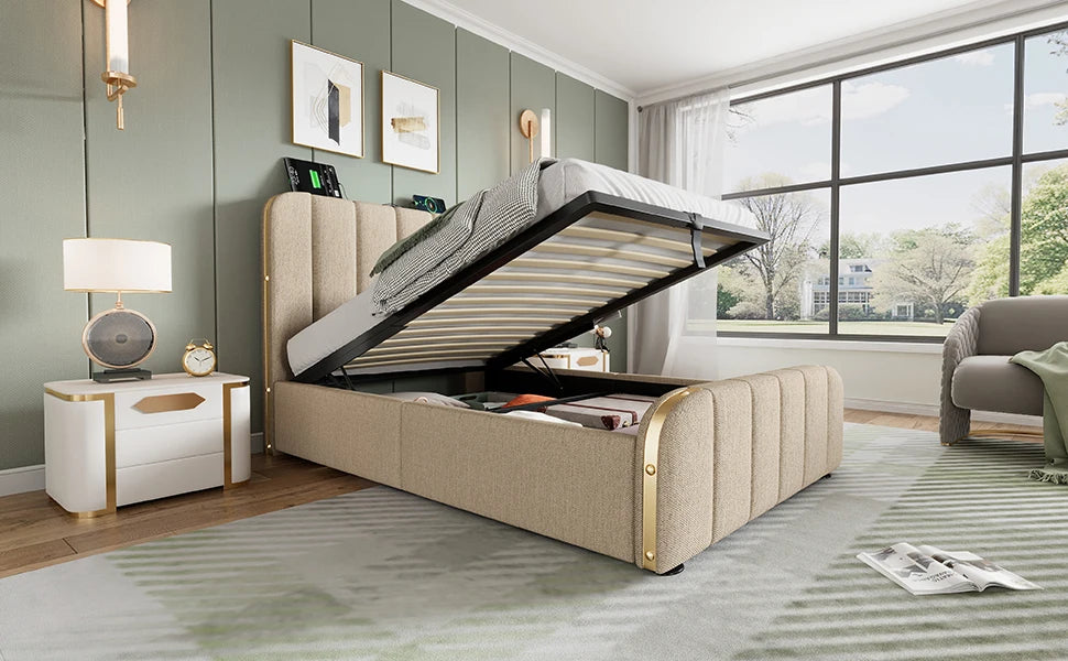 90*200 cm Flachbett, Rahmenbett, Polsterbett Einzelbett, mit gepolstertem Kopfteil, hydraulisches Stauraumbett (mit Matratze)