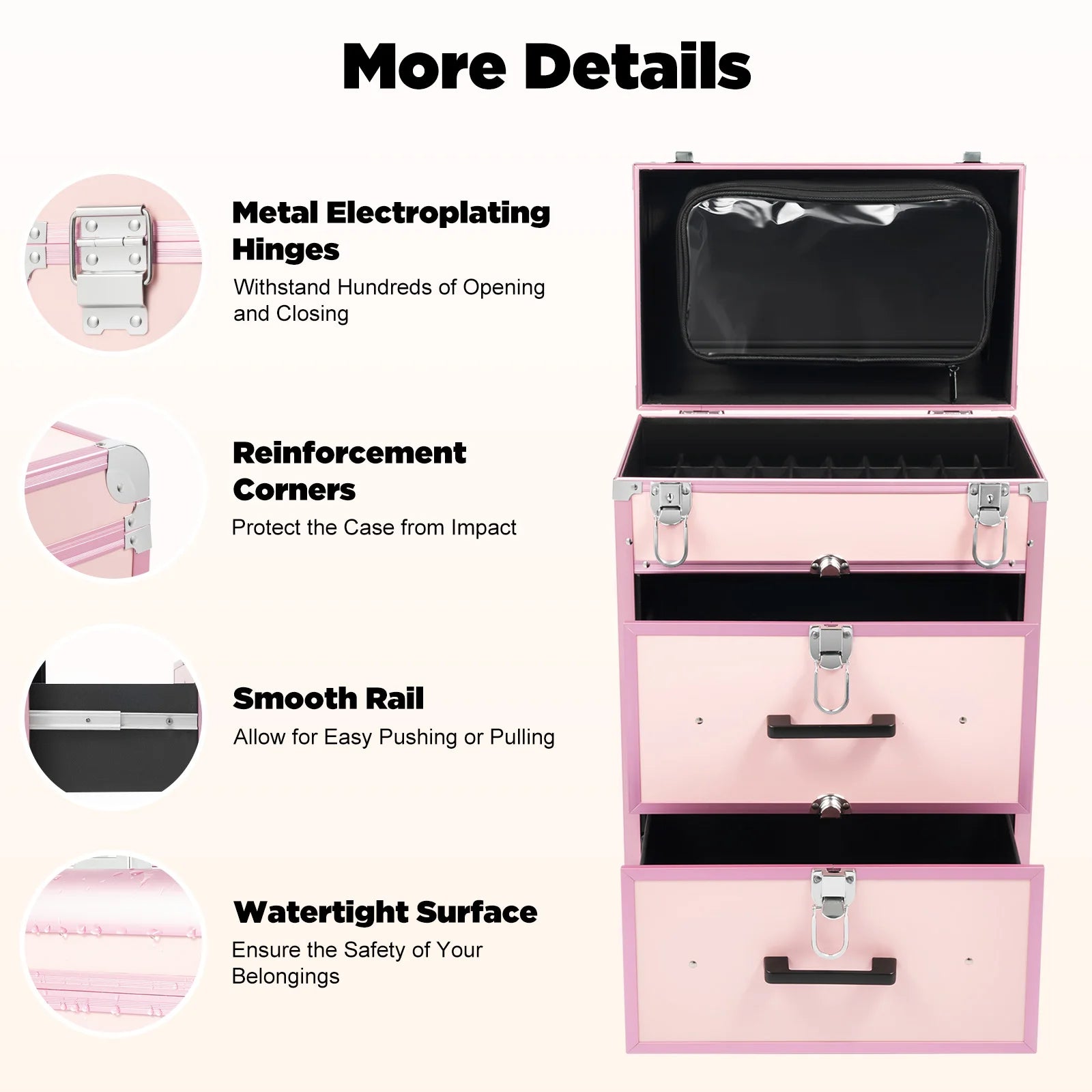 3 in 1 Rolling Makeup Case with Drawer, Large Makeup Case Organizers, Profesional Cosmetic Case for Salon Barber, Light Pink.