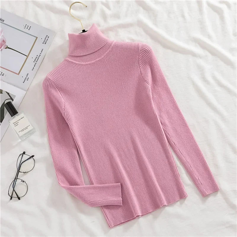 Frauen einfarbig lange Ärmel Roll kragen pullover Strick pullover grundlegende weiche Pullover einfache elegante Mode neu