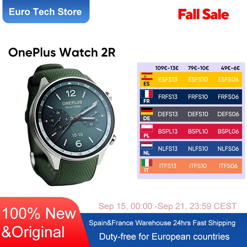 2024 Smartwatch OnePlus Watch 2R 1.43'' AMOLED Screen Snapdragon W5 Gen 1+BES2700 100H Battery Life WiFi Wear OS by Google GPS.