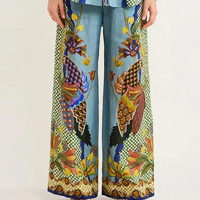 Autumn Women Bohemian Print Lapel Button LongSleeve Shirt+Loose Wide Legs Trousers Set Conjunto Dos Piezas Mujer Elegante Casual.