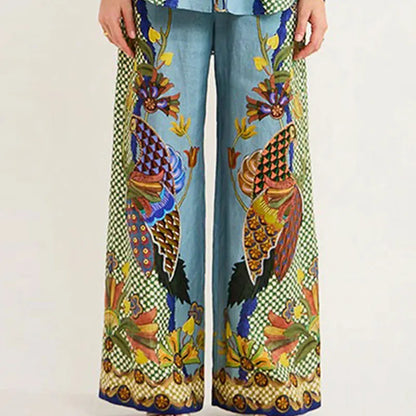 Autumn Women Bohemian Print Lapel Button LongSleeve Shirt+Loose Wide Legs Trousers Set Conjunto Dos Piezas Mujer Elegante Casual.