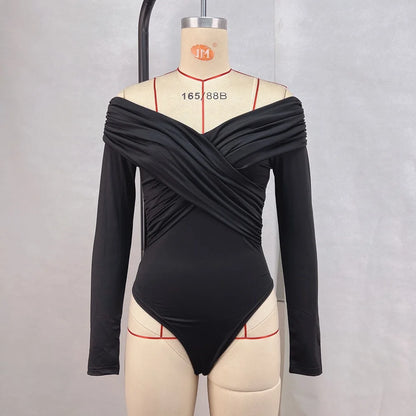 Shestyle Off Shoulder Slash Neck Bodysuits Women Overlap Solid Long Sleeve Basic T-Shirt Pleated Cross Bodycon Fashion Trendy