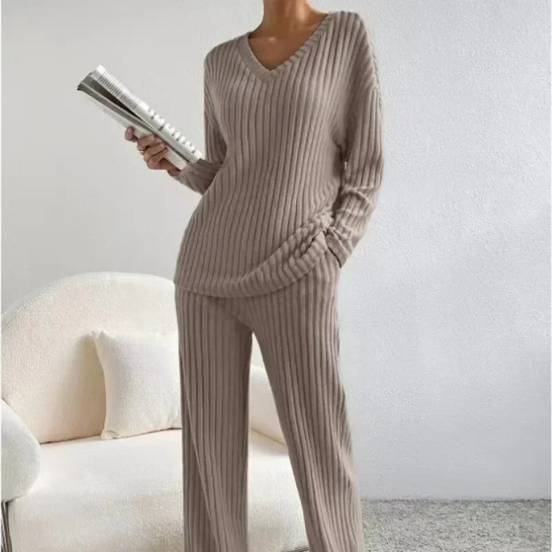 Women's Pajamas Autumn Winter New Casual Straight Pants Pullover Sleepwear Loose V Neck Knitted Home Wear Two Piece Loungewear