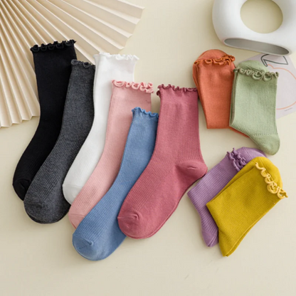 5 Pairs of Women's Solid Color Cotton Socks Japanese Style Ruffle Stacked Socks Cute Laciness Women's Long Socks.