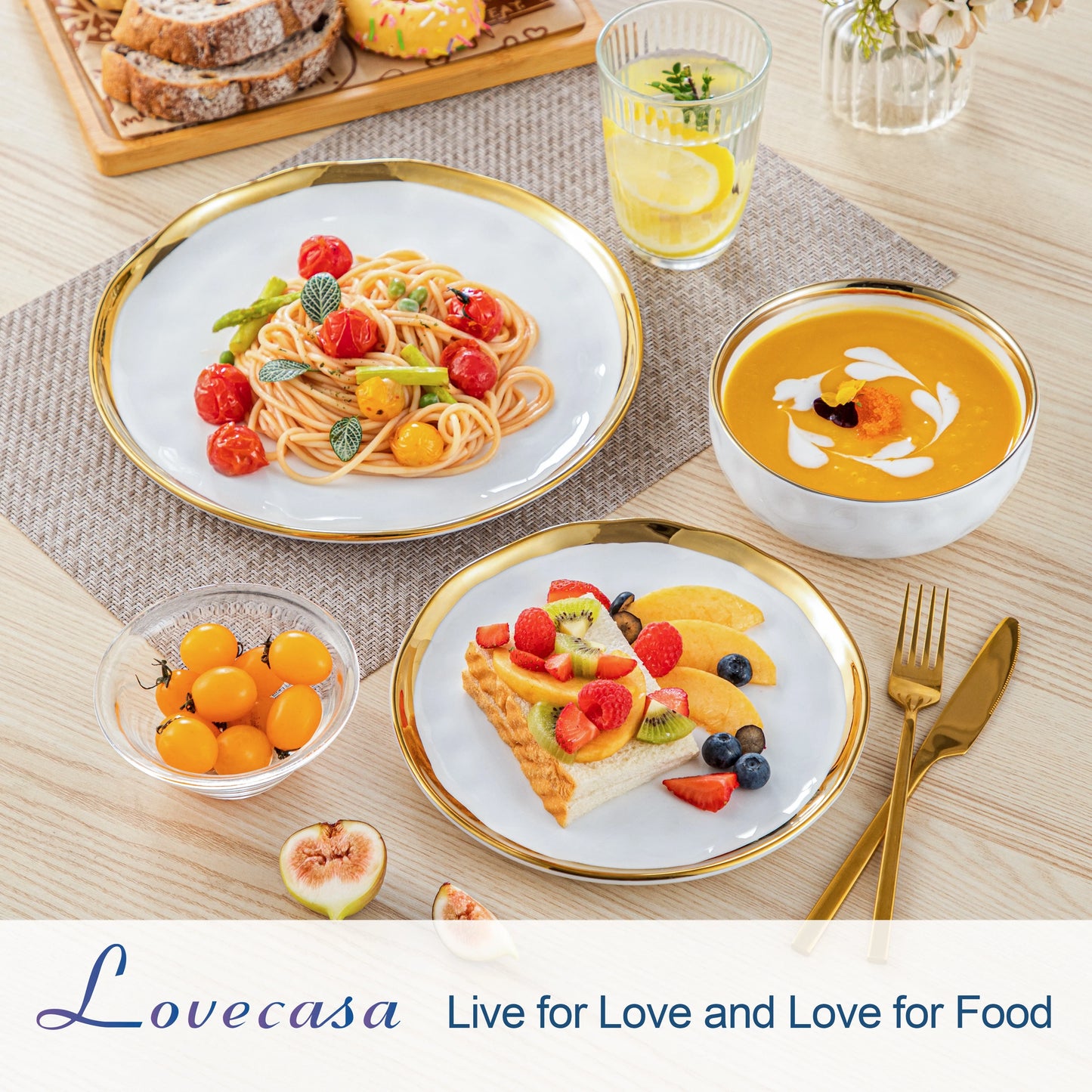 LOVECASA 12/24 Piece Ceramic Porcelain White and Golden Rim Dinnerware Sets With 4/8 PCS Dinner Plate/Dessert/Cereal Bowl for 4.