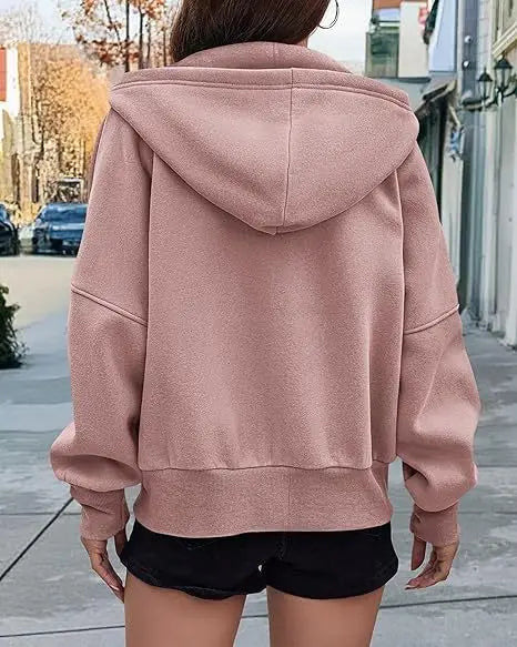 New Solid Color Zipper Splicing Hooded Coat, Women's Autumn Leisure Loose Sports Hooded Long Sleeve Coat Sweatshirt.