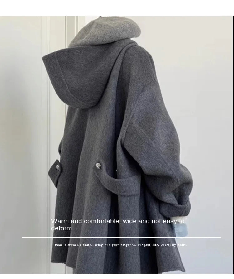 Grauer doppelseitiger Wollmantel mit Kapuze für Damen im Herbst und Winter 2025, neuer High-End-Mantel im Hepburn-Stil.