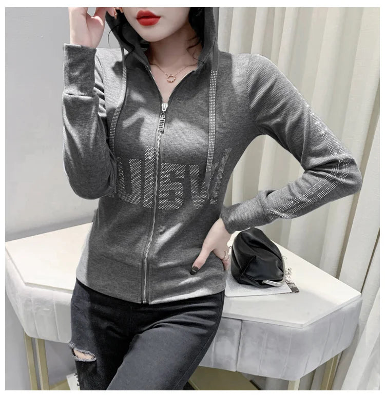 #7937Black Grey Women Hoodies Sweatshirt Tops Pullovers Diamonds Letters Slim Streetwear Short Hoodies Woman Zipper Korean Style.