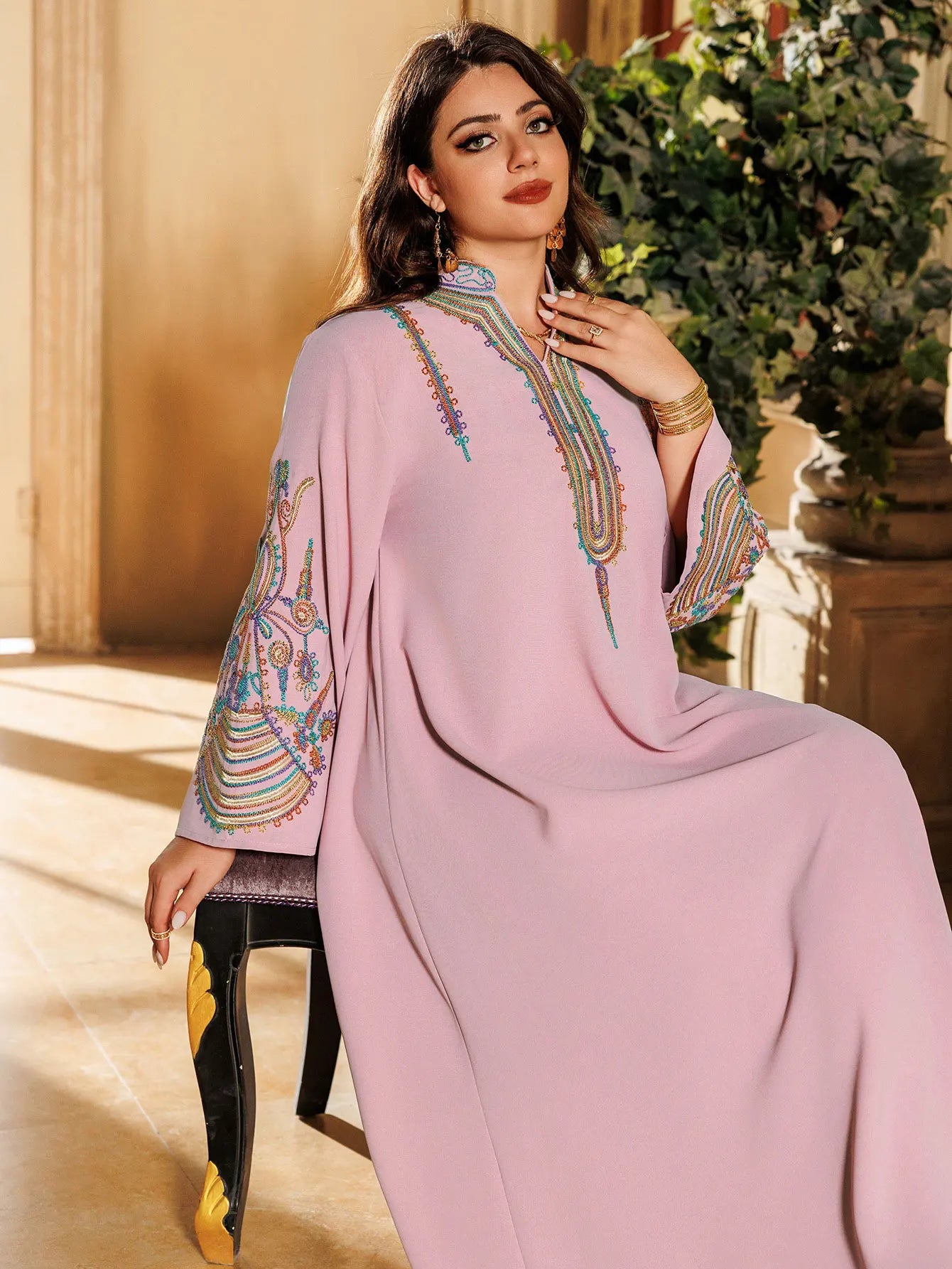 2025 Dubai New Inspired Pink Muslim Abaya Colorful Embroidery on Neckline & Sleeves Perfect for Middle Eastern Cultural Events.
