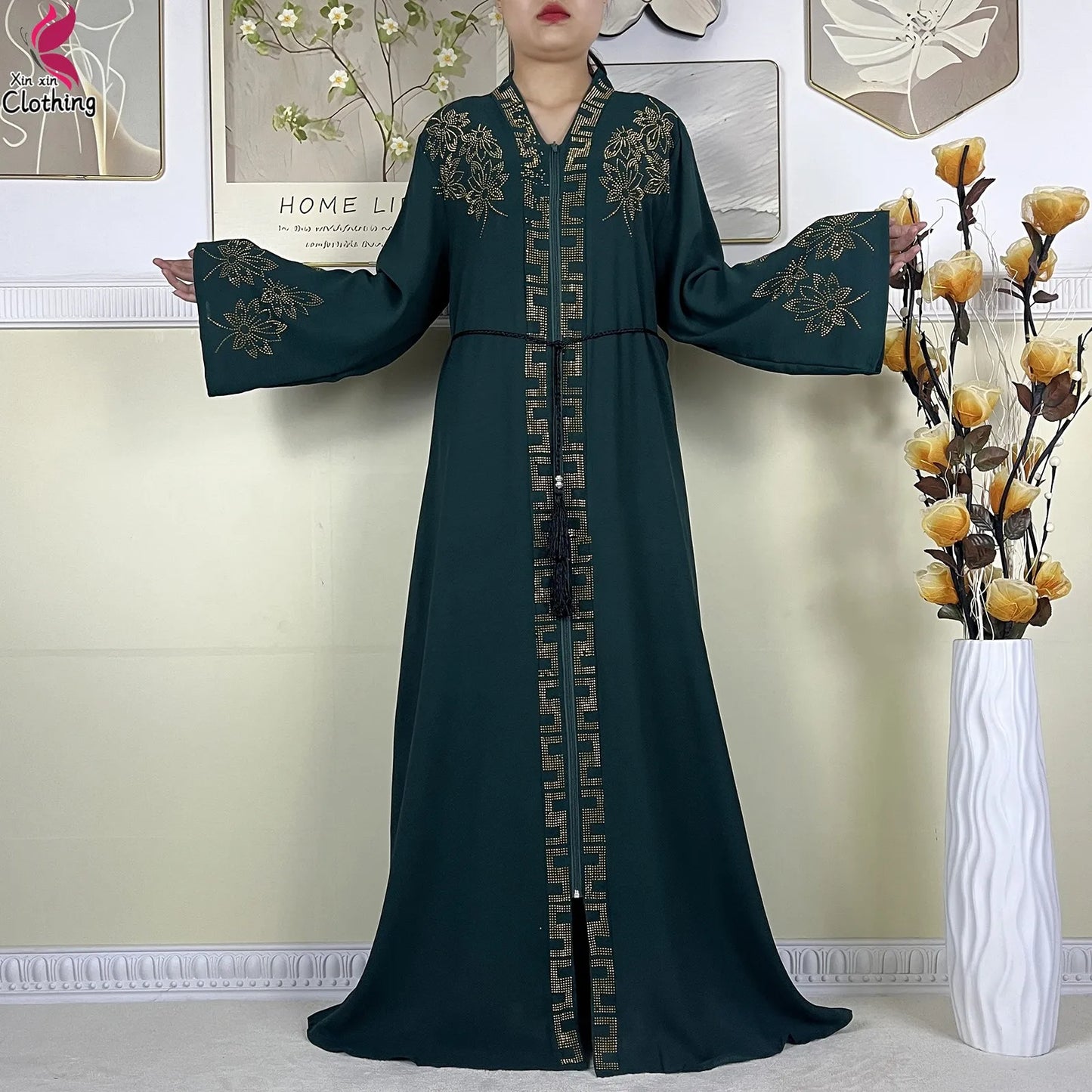 New Muslim Abayas For Women Long Sleeved Dress Dubai Lady Elegant Long Dress Islam Clothing African Abaya Loose Robe With Turban.