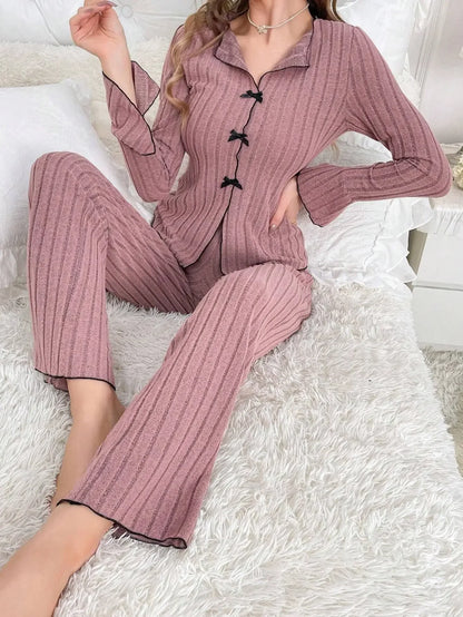 Autumn Winter Warm Pajamas Set for Woman Sleepwear Lapel Bow Fashion Sexy Long Sleeve Tops and Trousers Home Suit.