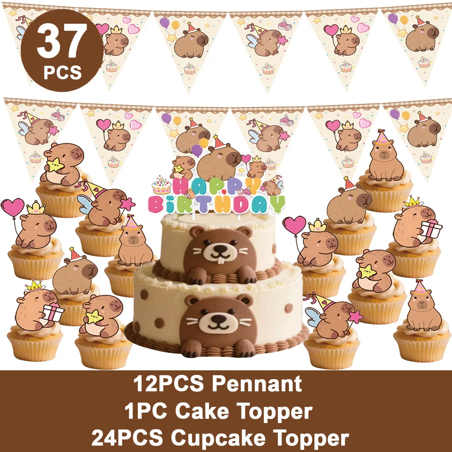 Capybara-Kuchenaufsatz, niedliche Tier-Cupcake-Dekorationen für Kinder, alles Gute zum Geburtstag, Partyzubehör, Capybara-Mottoparty-Dekorationen.