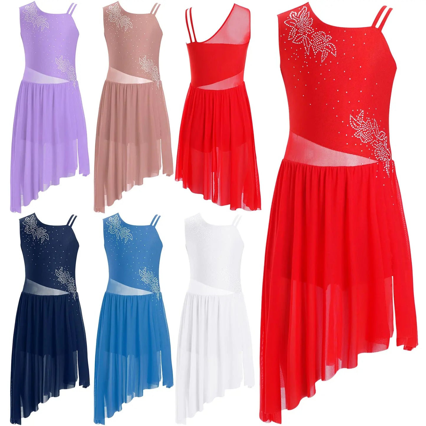 6–16 Jahre Mädchen, modernes lyrisches Tanzkleid, ärmellos, glänzender Strass-Trikot, Tanzkleidung für Skating, Gymnastik, akrobatische Leistung.
