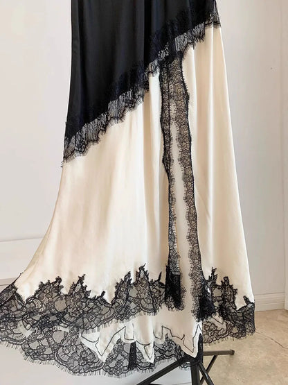 GALCAUR Hit Color Sheer Spliced Lace Elegant Skirts for Women High Waist Patchwork Split Temperament Skirt Female Fashion Style.